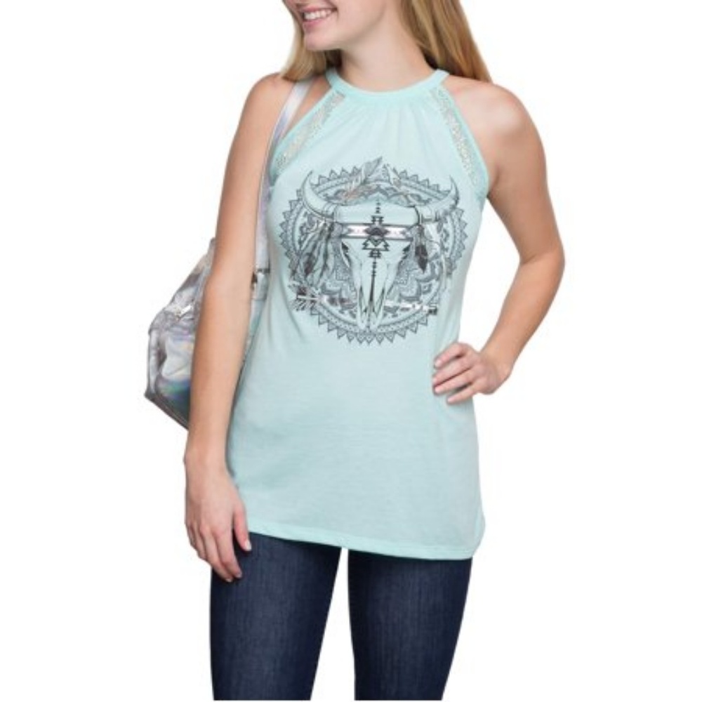 High neck lace trim boho graphic tank